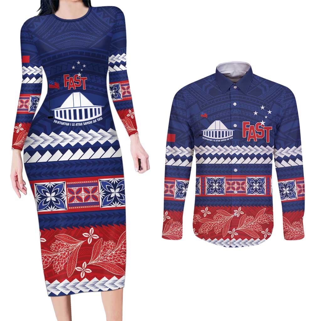 Personalised FAST Samoa Siapo Couples Matching Long Sleeve Bodycon Dress and Long Sleeve Button Shirt Teuila Flowers Samoan Pattern - Polynesian Pride