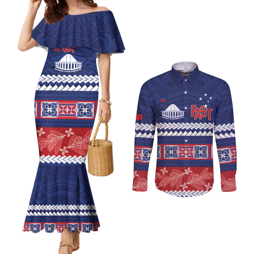 Personalised FAST Samoa Siapo Couples Matching Mermaid Dress and Long Sleeve Button Shirt Teuila Flowers Samoan Pattern - Polynesian Pride