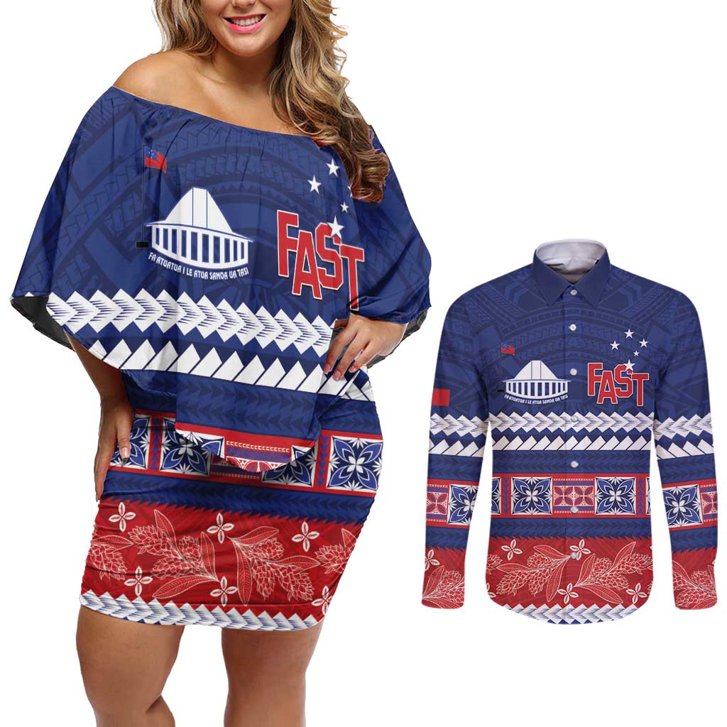 Personalised FAST Samoa Siapo Couples Matching Off Shoulder Short Dress and Long Sleeve Button Shirt Teuila Flowers Samoan Pattern - Polynesian Pride