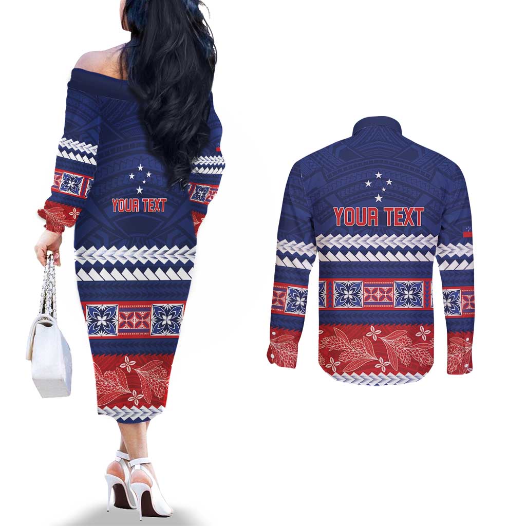 Personalised FAST Samoa Siapo Couples Matching Off The Shoulder Long Sleeve Dress and Long Sleeve Button Shirt Teuila Flowers Samoan Pattern - Polynesian Pride