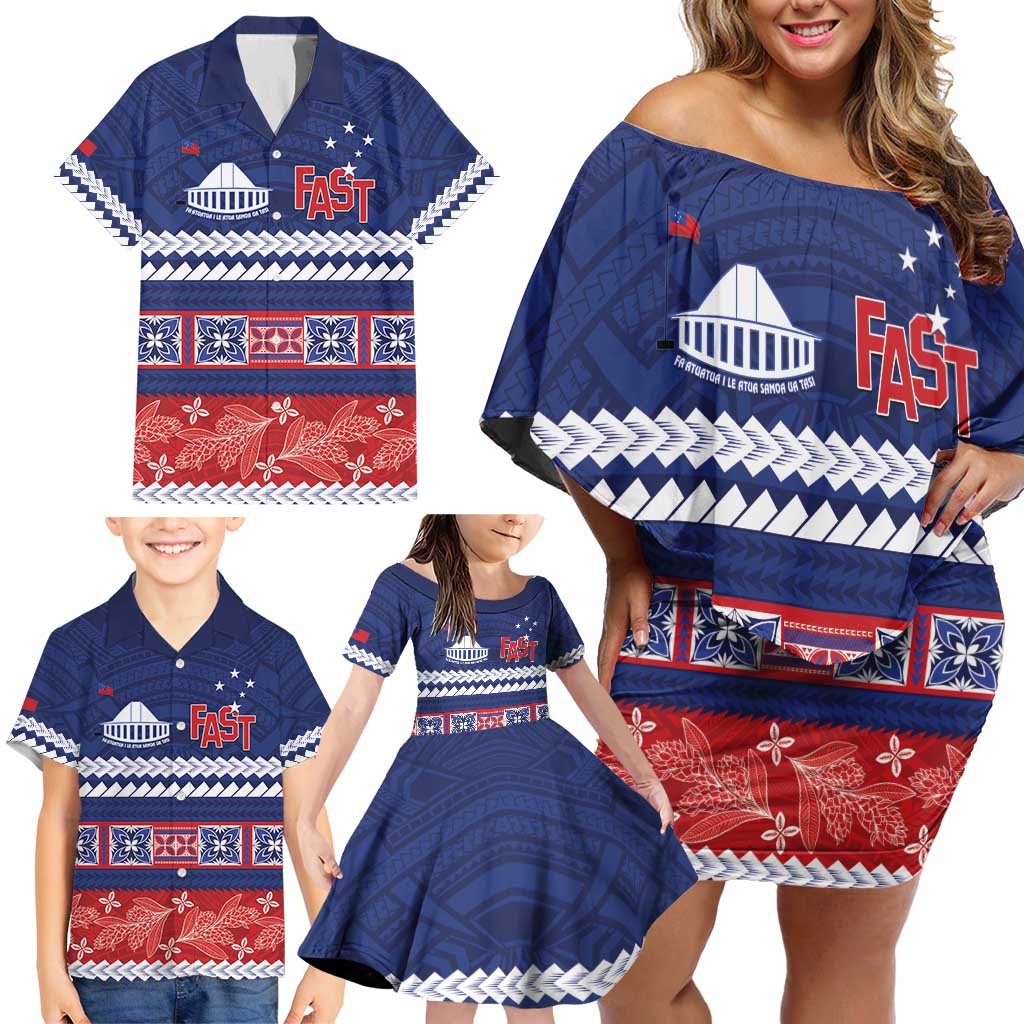 Personalised FAST Samoa Siapo Family Matching Off Shoulder Short Dress and Hawaiian Shirt Teuila Flowers Samoan Pattern - Polynesian Pride