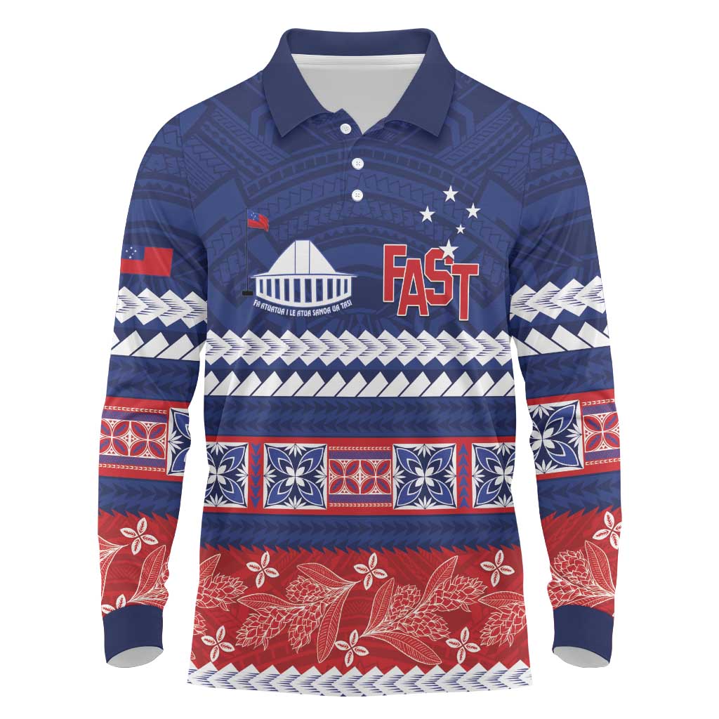 Personalised FAST Samoa Siapo Long Sleeve Polo Shirt Teuila Flowers Samoan Pattern - Polynesian Pride