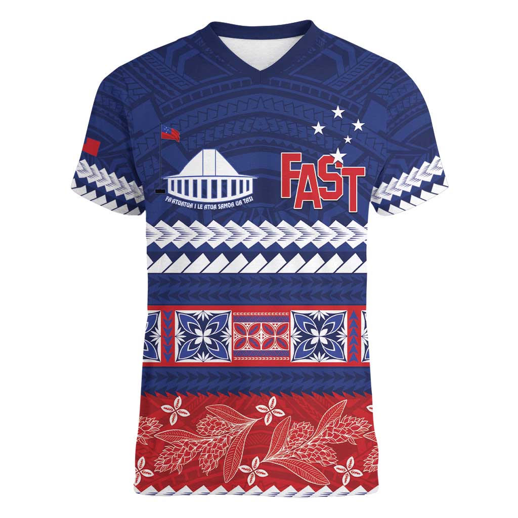 Personalised FAST Samoa Siapo Women V-Neck T-Shirt Teuila Flowers Samoan Pattern - Polynesian Pride