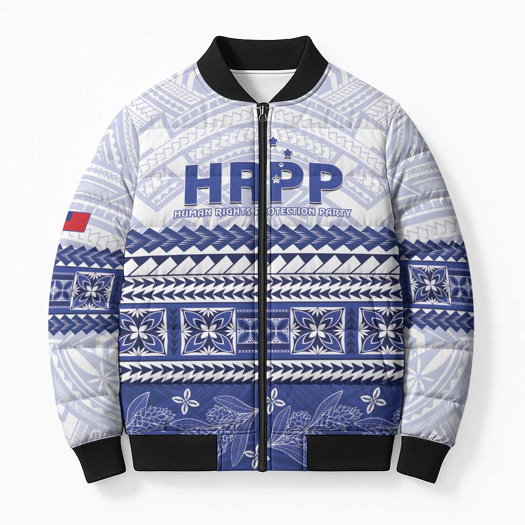 Personalised HRPP Samoa Siapo Bomber Puffer Jacket Teuila Flowers Samoan Pattern LT14 Unisex White - Polynesian Pride