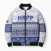Personalised HRPP Samoa Siapo Bomber Puffer Jacket Teuila Flowers Samoan Pattern LT14 Unisex White - Polynesian Pride