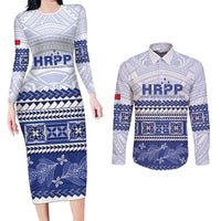 Personalised HRPP Samoa Siapo Couples Matching Long Sleeve Bodycon Dress and Long Sleeve Button Shirt Teuila Flowers Samoan Pattern LT14 White - Polynesian Pride
