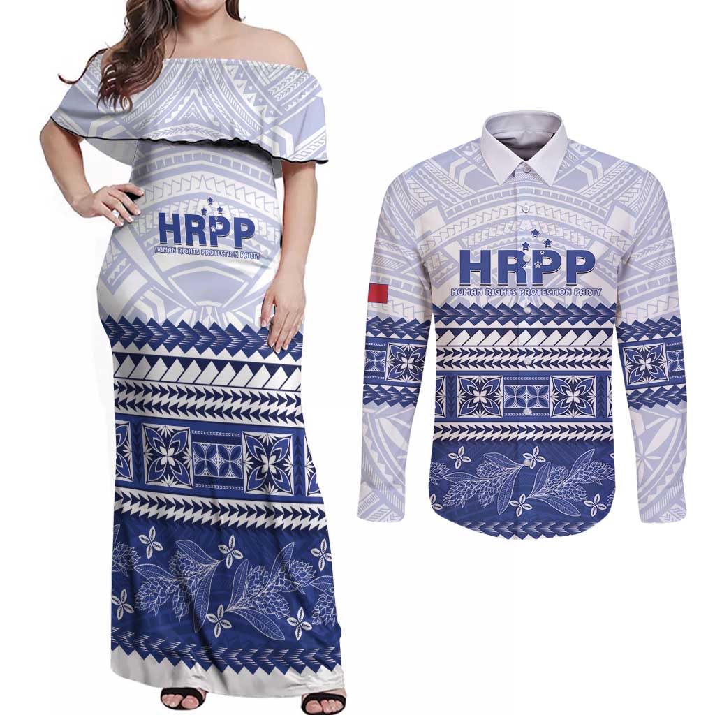 Personalised HRPP Samoa Siapo Couples Matching Off Shoulder Maxi Dress and Long Sleeve Button Shirt Teuila Flowers Samoan Pattern LT14 White - Polynesian Pride