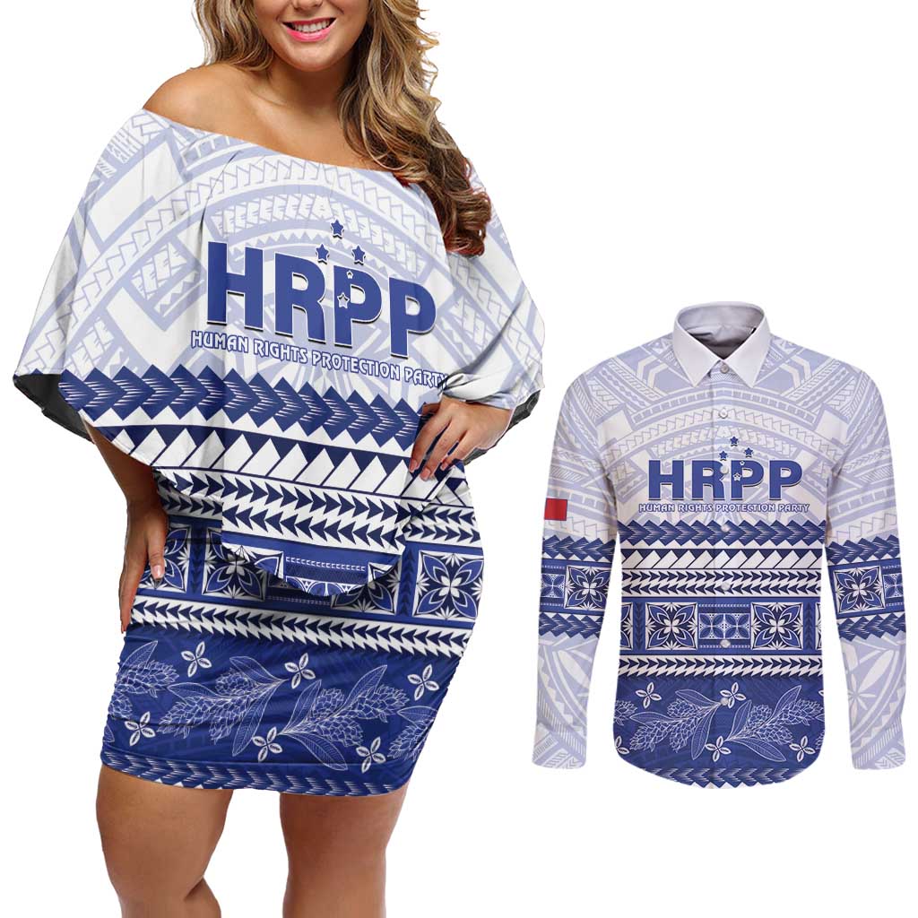 Personalised HRPP Samoa Siapo Couples Matching Off Shoulder Short Dress and Long Sleeve Button Shirt Teuila Flowers Samoan Pattern LT14 White - Polynesian Pride