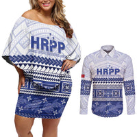 Personalised HRPP Samoa Siapo Couples Matching Off Shoulder Short Dress and Long Sleeve Button Shirt Teuila Flowers Samoan Pattern LT14 White - Polynesian Pride