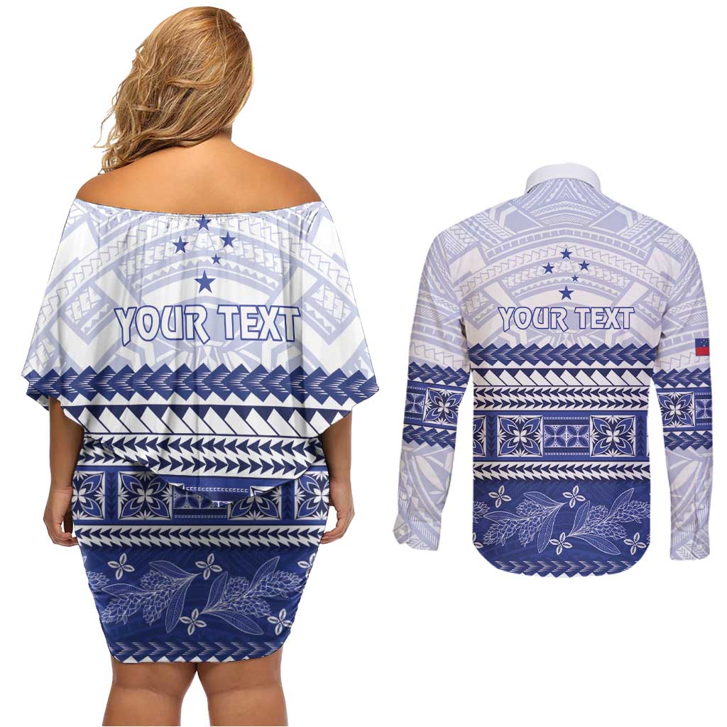 Personalised HRPP Samoa Siapo Couples Matching Off Shoulder Short Dress and Long Sleeve Button Shirt Teuila Flowers Samoan Pattern LT14 - Polynesian Pride