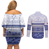 Personalised HRPP Samoa Siapo Couples Matching Off Shoulder Short Dress and Long Sleeve Button Shirt Teuila Flowers Samoan Pattern LT14 - Polynesian Pride