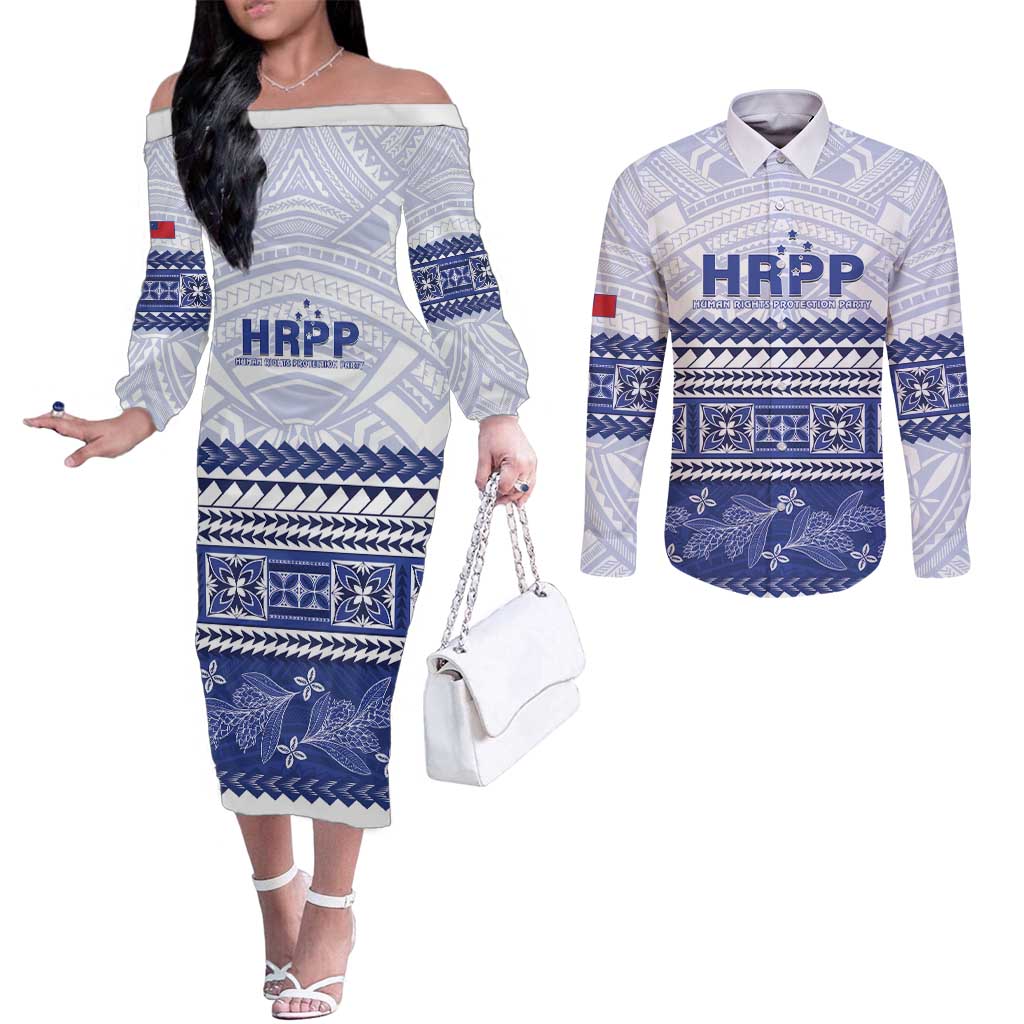 Personalised HRPP Samoa Siapo Couples Matching Off The Shoulder Long Sleeve Dress and Long Sleeve Button Shirt Teuila Flowers Samoan Pattern LT14 White - Polynesian Pride