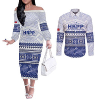 Personalised HRPP Samoa Siapo Couples Matching Off The Shoulder Long Sleeve Dress and Long Sleeve Button Shirt Teuila Flowers Samoan Pattern LT14 White - Polynesian Pride