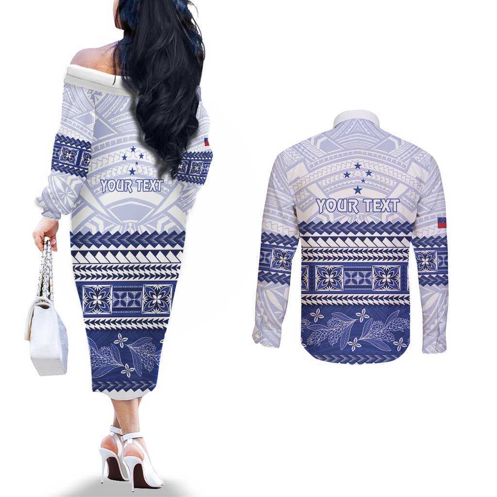 Personalised HRPP Samoa Siapo Couples Matching Off The Shoulder Long Sleeve Dress and Long Sleeve Button Shirt Teuila Flowers Samoan Pattern LT14 - Polynesian Pride