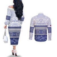 Personalised HRPP Samoa Siapo Couples Matching Off The Shoulder Long Sleeve Dress and Long Sleeve Button Shirt Teuila Flowers Samoan Pattern LT14 - Polynesian Pride