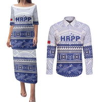 Personalised HRPP Samoa Siapo Couples Matching Puletasi and Long Sleeve Button Shirt Teuila Flowers Samoan Pattern LT14 White - Polynesian Pride