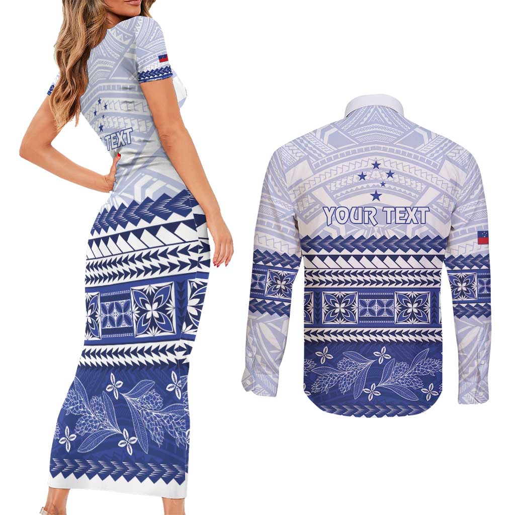 Personalised HRPP Samoa Siapo Couples Matching Short Sleeve Bodycon Dress and Long Sleeve Button Shirt Teuila Flowers Samoan Pattern LT14 - Polynesian Pride