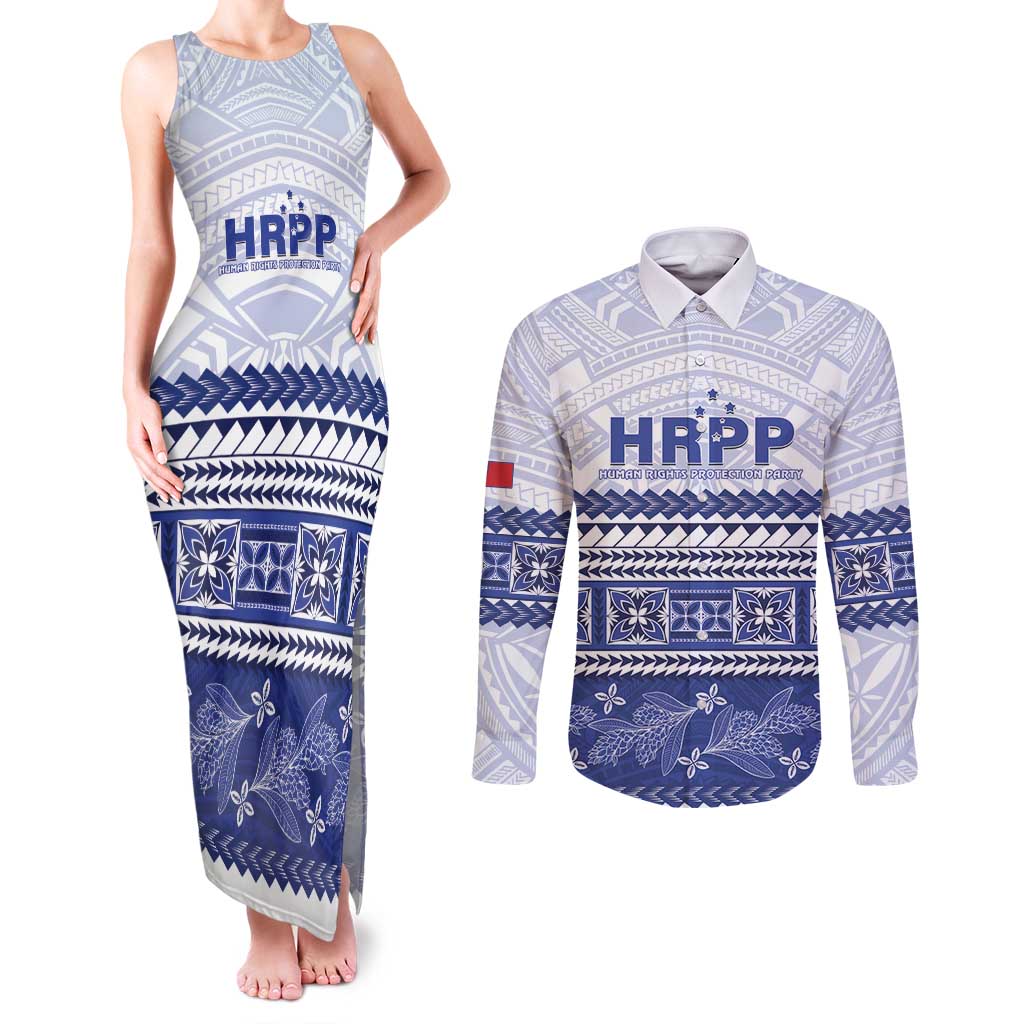 Personalised HRPP Samoa Siapo Couples Matching Tank Maxi Dress and Long Sleeve Button Shirt Teuila Flowers Samoan Pattern LT14 White - Polynesian Pride