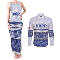 Personalised HRPP Samoa Siapo Couples Matching Tank Maxi Dress and Long Sleeve Button Shirt Teuila Flowers Samoan Pattern LT14 White - Polynesian Pride