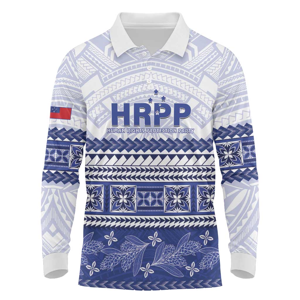 Personalised HRPP Samoa Siapo Long Sleeve Polo Shirt Teuila Flowers Samoan Pattern LT14 White - Polynesian Pride