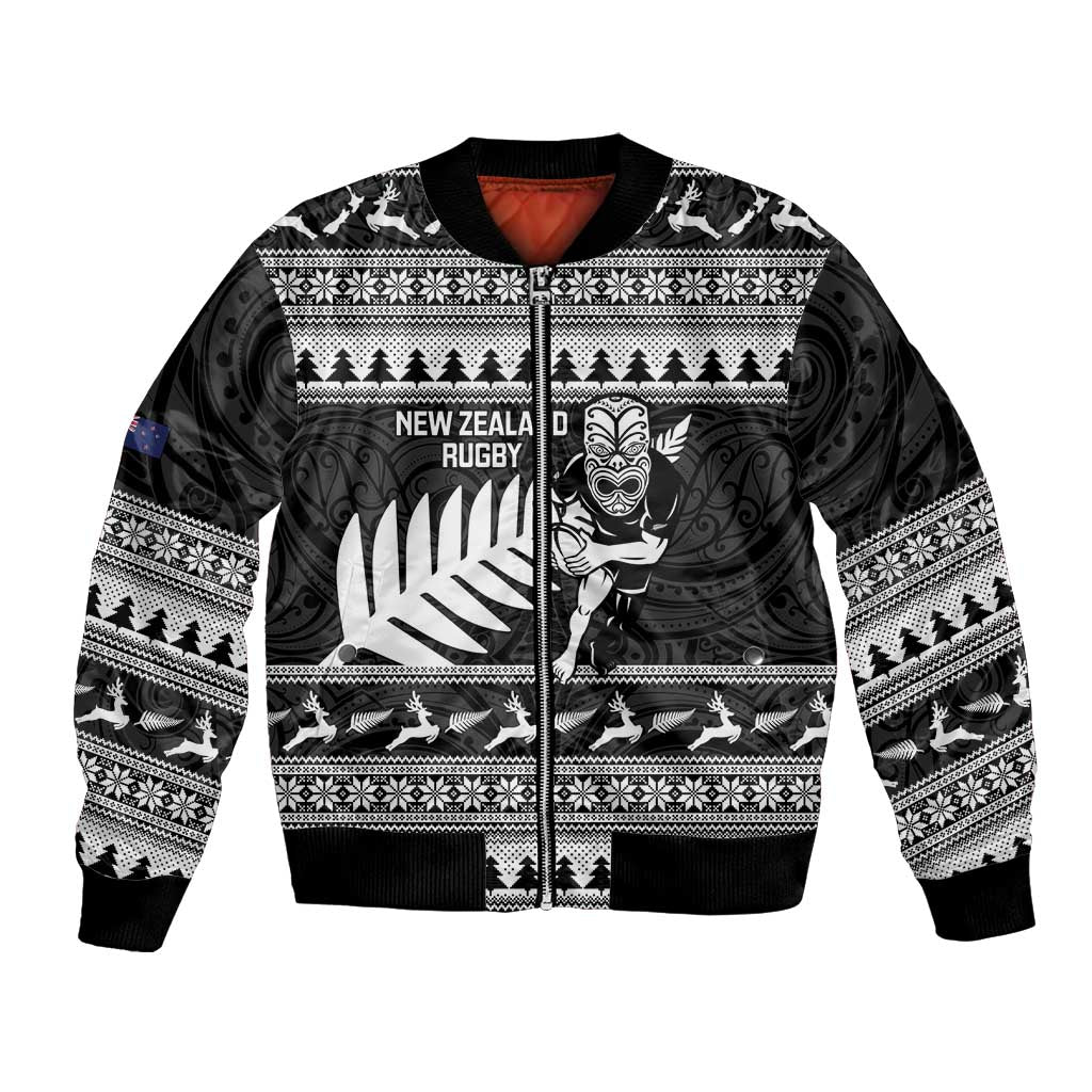 New Zealand Christmas Rugby Personalised Bomber Jacket Meri Kirihimete All Black Maori - Polynesian Pride
