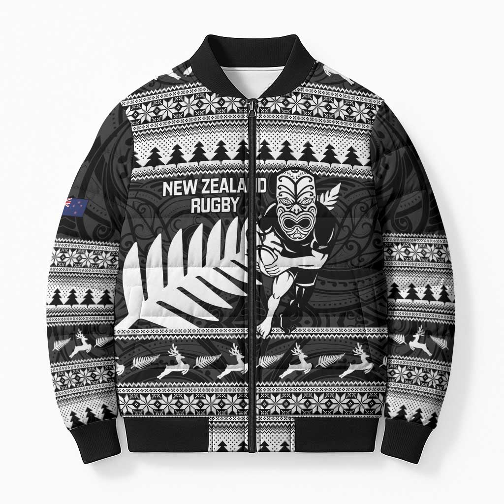 New Zealand Christmas Rugby Personalised Bomber Puffer Jacket Meri Kirihimete All Black Maori - Polynesian Pride