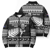 New Zealand Christmas Rugby Personalised Bomber Puffer Jacket Meri Kirihimete All Black Maori - Polynesian Pride