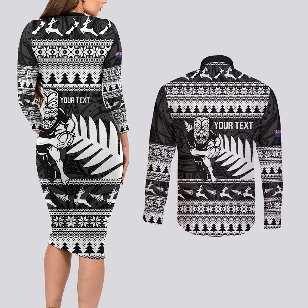 New Zealand Christmas Rugby Personalised Couples Matching Long Sleeve Bodycon Dress and Long Sleeve Button Shirt Meri Kirihimete All Black Maori - Polynesian Pride