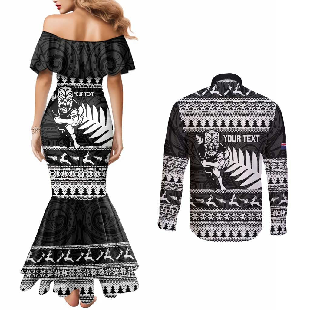 New Zealand Christmas Rugby Personalised Couples Matching Mermaid Dress and Long Sleeve Button Shirt Meri Kirihimete All Black Maori - Polynesian Pride