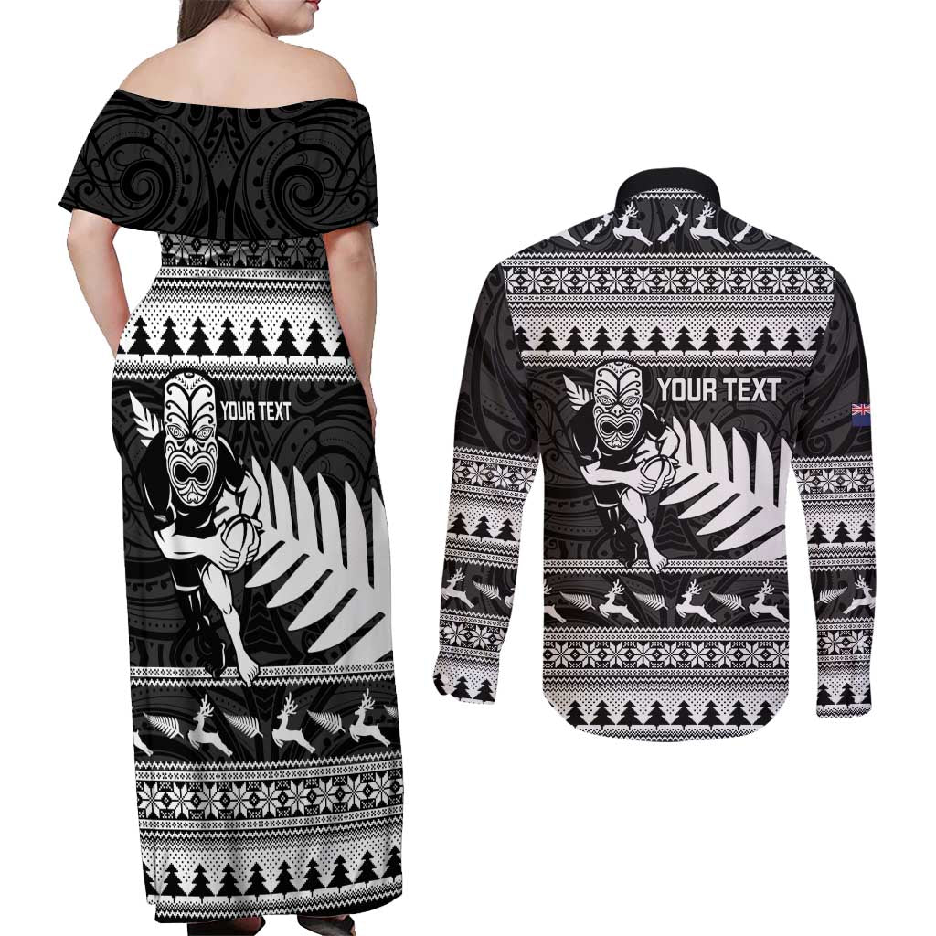 New Zealand Christmas Rugby Personalised Couples Matching Off Shoulder Maxi Dress and Long Sleeve Button Shirt Meri Kirihimete All Black Maori - Polynesian Pride