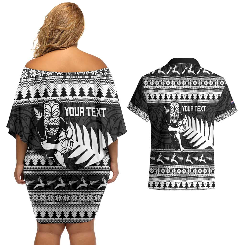 New Zealand Christmas Rugby Personalised Couples Matching Off Shoulder Short Dress and Hawaiian Shirt Meri Kirihimete All Black Maori - Polynesian Pride