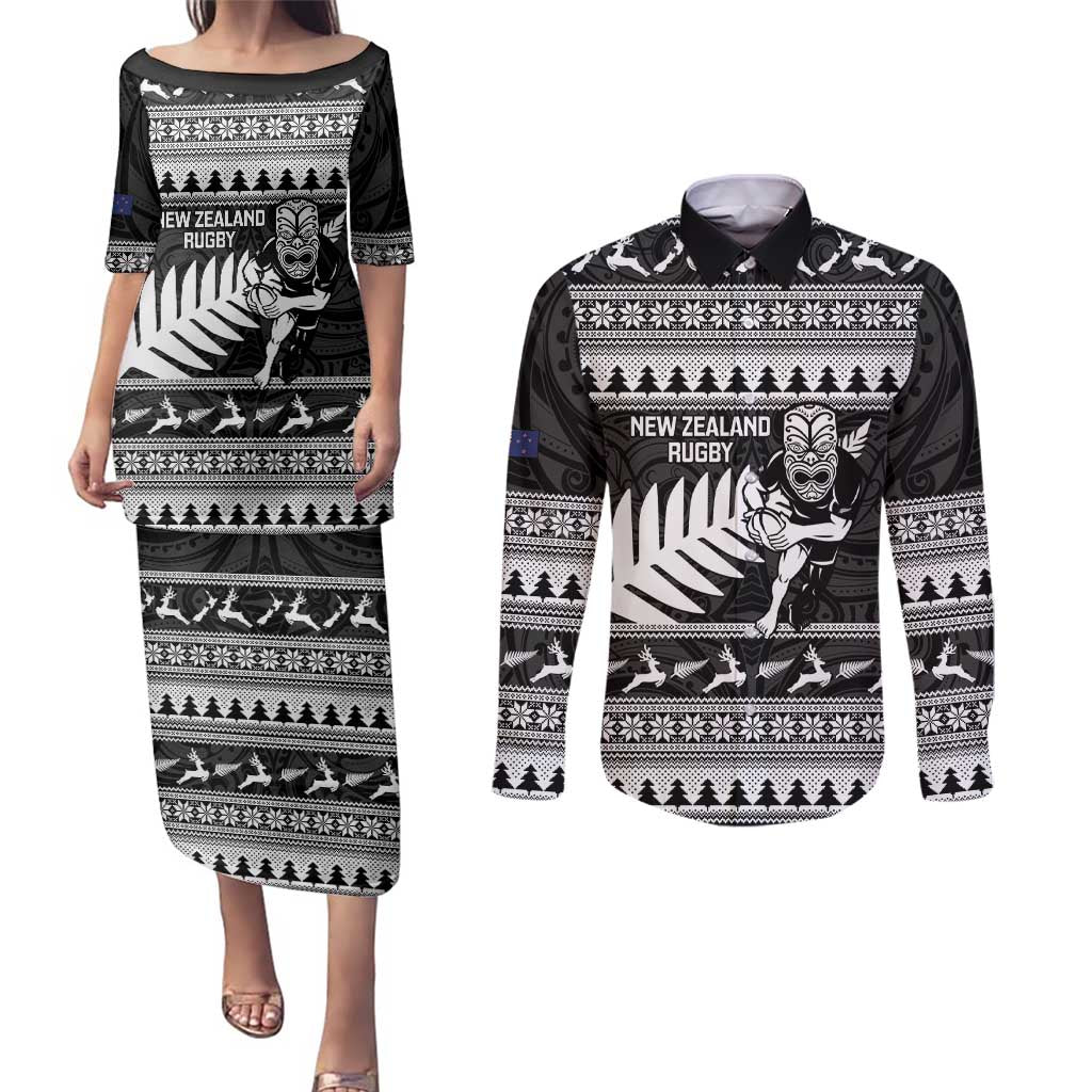 New Zealand Christmas Rugby Personalised Couples Matching Puletasi and Long Sleeve Button Shirt Meri Kirihimete All Black Maori - Polynesian Pride
