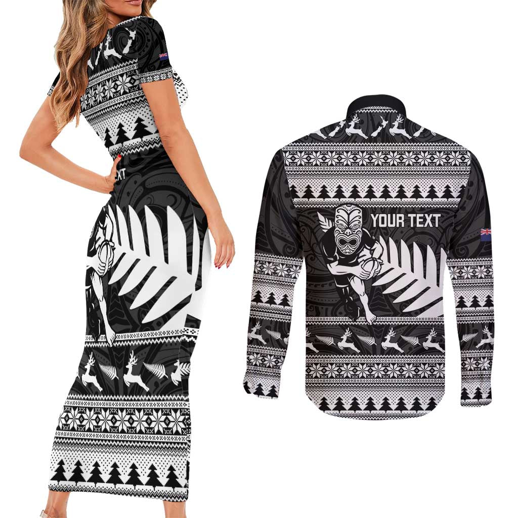 New Zealand Christmas Rugby Personalised Couples Matching Short Sleeve Bodycon Dress and Long Sleeve Button Shirt Meri Kirihimete All Black Maori - Polynesian Pride