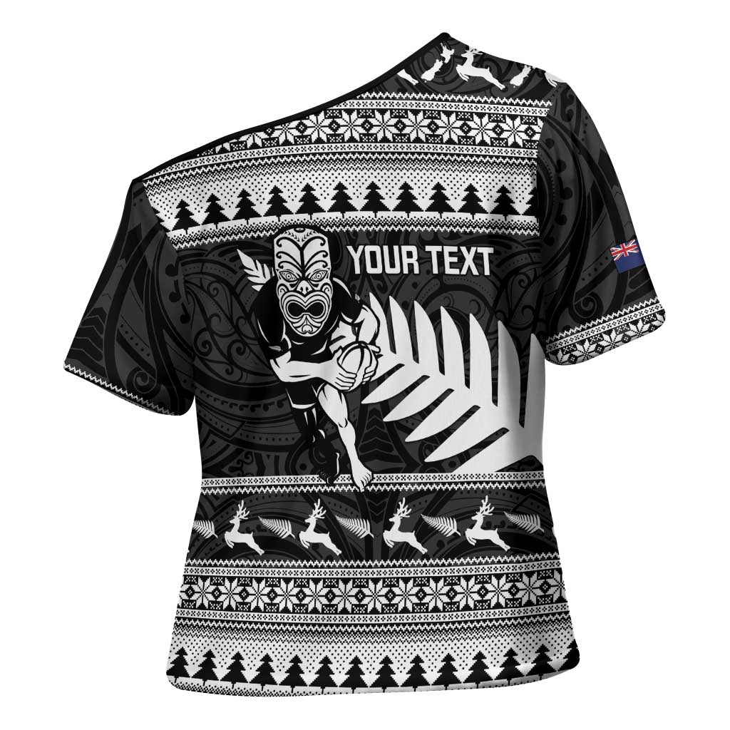 New Zealand Christmas Rugby Personalised Cross Shoulder Shirt Meri Kirihimete All Black Maori - Polynesian Pride