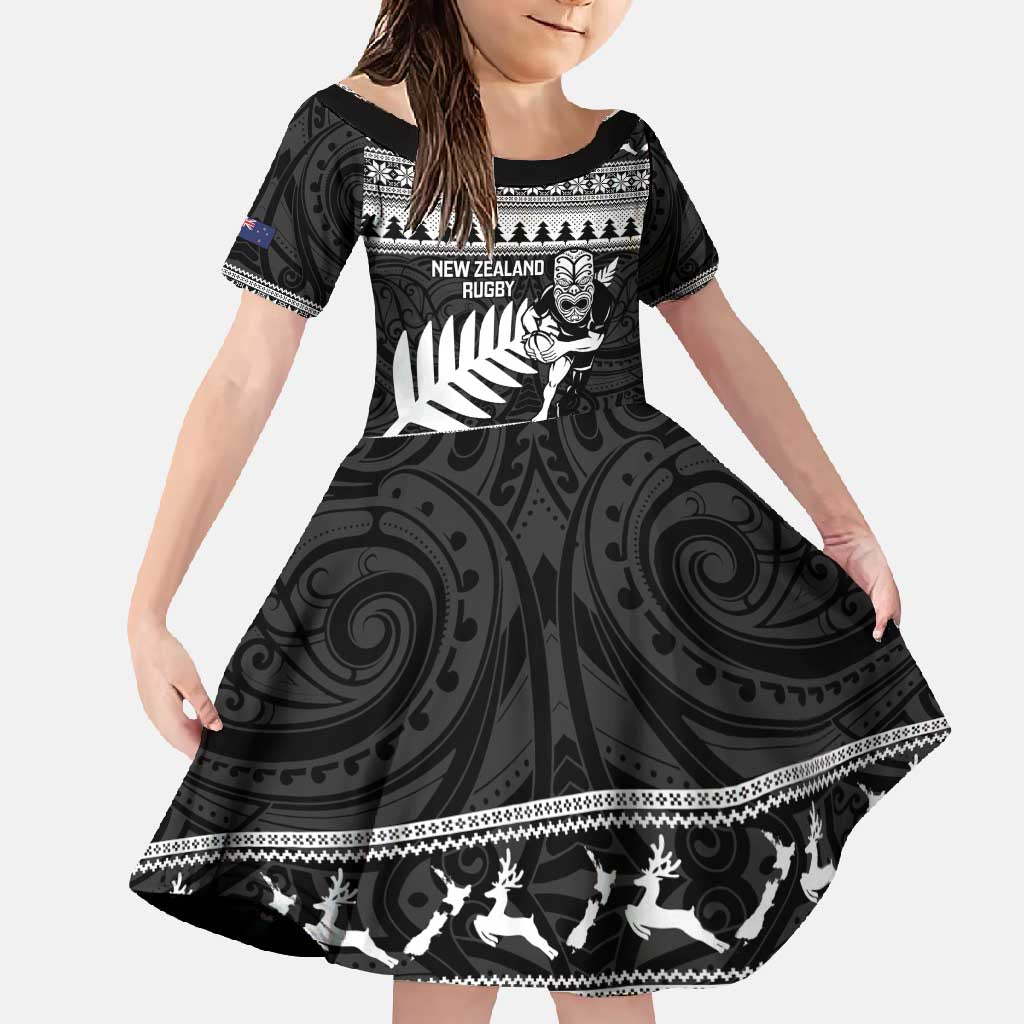 New Zealand Christmas Rugby Personalised Family Matching Long Sleeve Bodycon Dress and Hawaiian Shirt Meri Kirihimete All Black Maori - Polynesian Pride