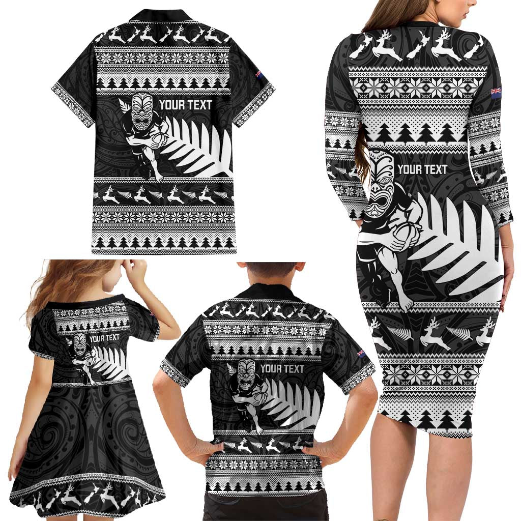New Zealand Christmas Rugby Personalised Family Matching Long Sleeve Bodycon Dress and Hawaiian Shirt Meri Kirihimete All Black Maori - Polynesian Pride