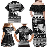 New Zealand Christmas Rugby Personalised Family Matching Off Shoulder Maxi Dress and Hawaiian Shirt Meri Kirihimete All Black Maori - Polynesian Pride