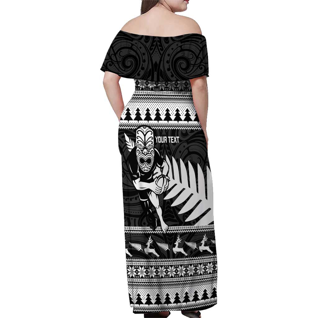 New Zealand Christmas Rugby Personalised Family Matching Off Shoulder Maxi Dress and Hawaiian Shirt Meri Kirihimete All Black Maori - Polynesian Pride