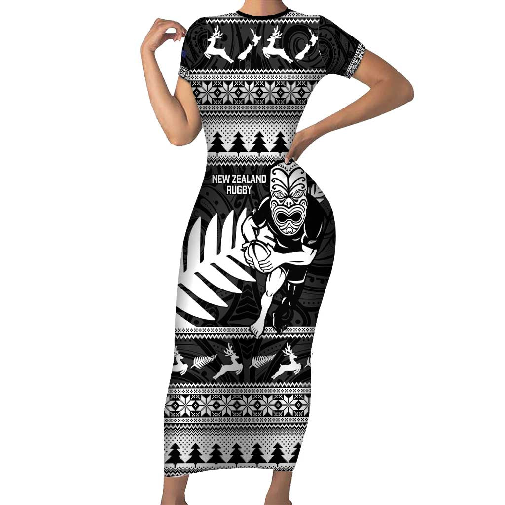 New Zealand Christmas Rugby Personalised Family Matching Short Sleeve Bodycon Dress and Hawaiian Shirt Meri Kirihimete All Black Maori - Polynesian Pride