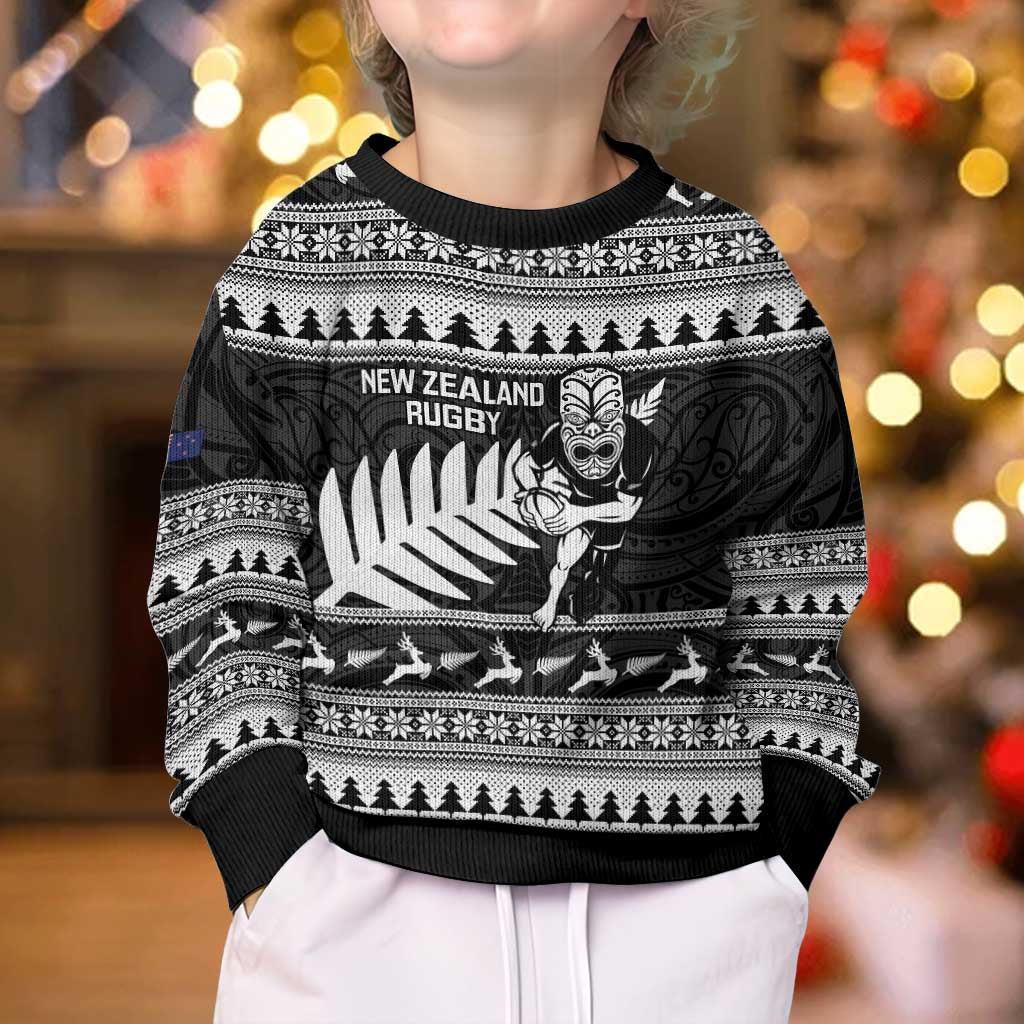 New Zealand Christmas Rugby Personalised Kid Ugly Christmas Sweater Meri Kirihimete All Black Maori - Polynesian Pride