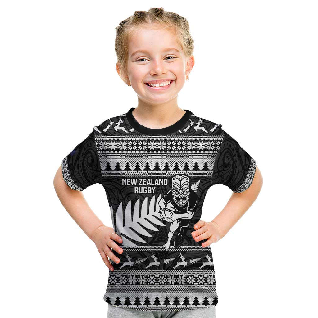 New Zealand Christmas Rugby Personalised Kid T Shirt Meri Kirihimete All Black Maori - Polynesian Pride