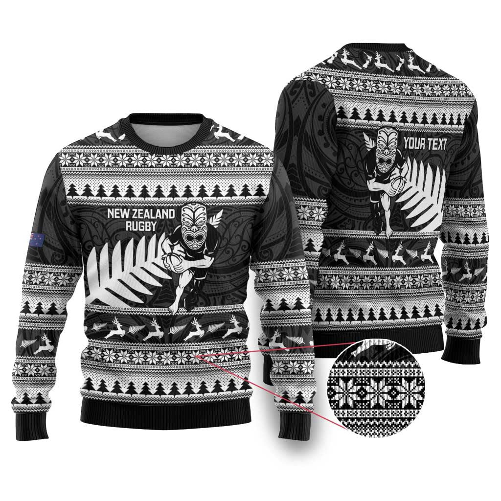 New Zealand Christmas Rugby Personalised Ugly Christmas Sweater Meri Kirihimete All Black Maori - Polynesian Pride