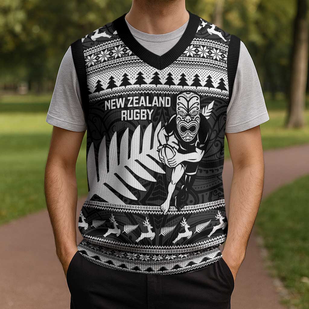 New Zealand Christmas Rugby Personalised Christmas Knitted V-Neck Vest Meri Kirihimete All Black Maori - Polynesian Pride
