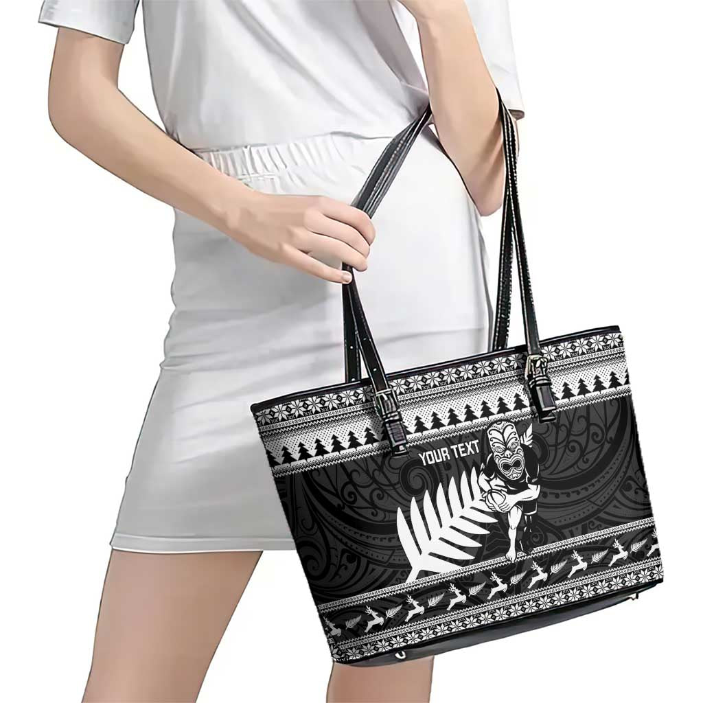 New Zealand Christmas Rugby Personalised Leather Tote Bag Meri Kirihimete All Black Maori - Polynesian Pride
