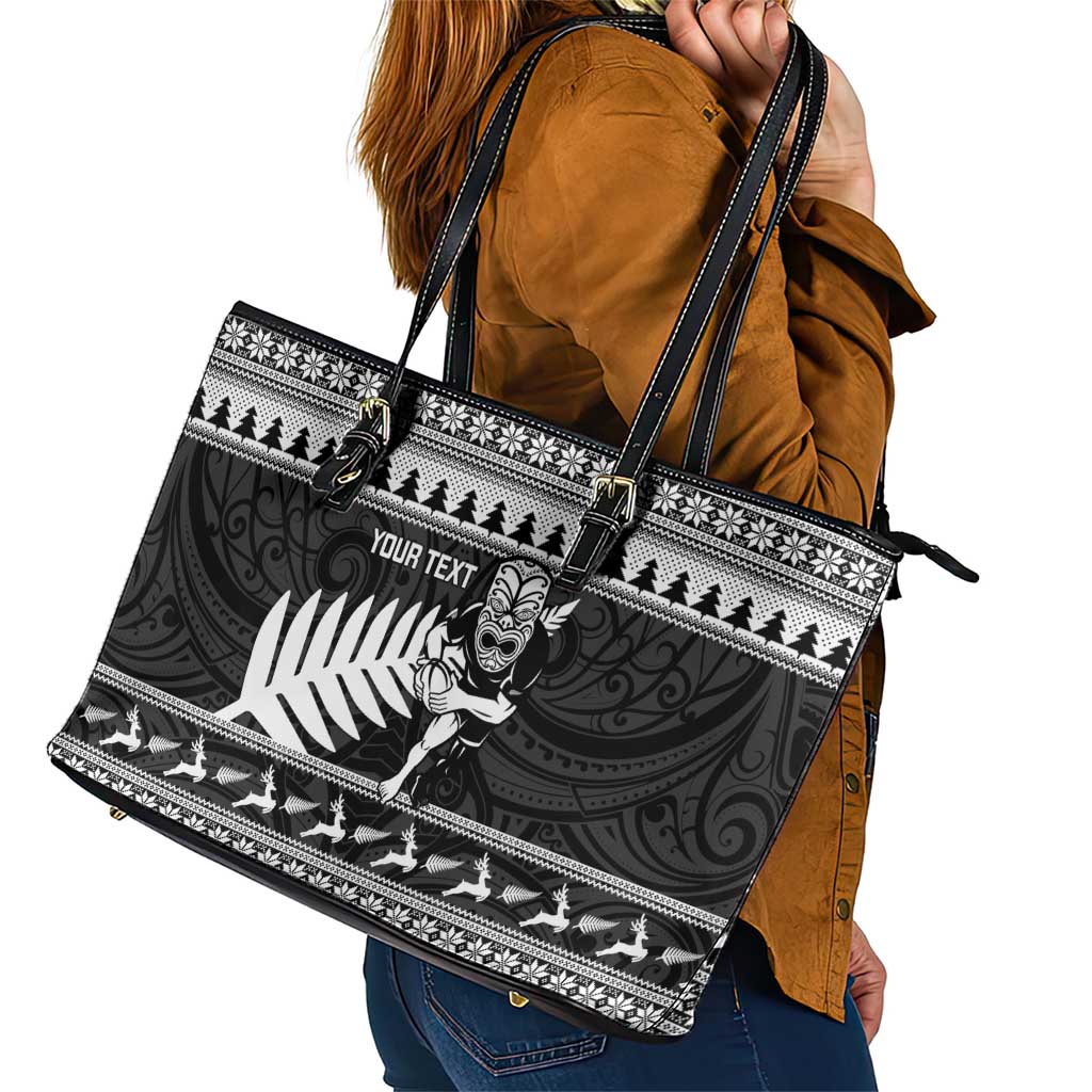 New Zealand Christmas Rugby Personalised Leather Tote Bag Meri Kirihimete All Black Maori - Polynesian Pride