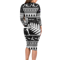 New Zealand Christmas Rugby Personalised Long Sleeve Bodycon Dress Meri Kirihimete All Black Maori - Polynesian Pride