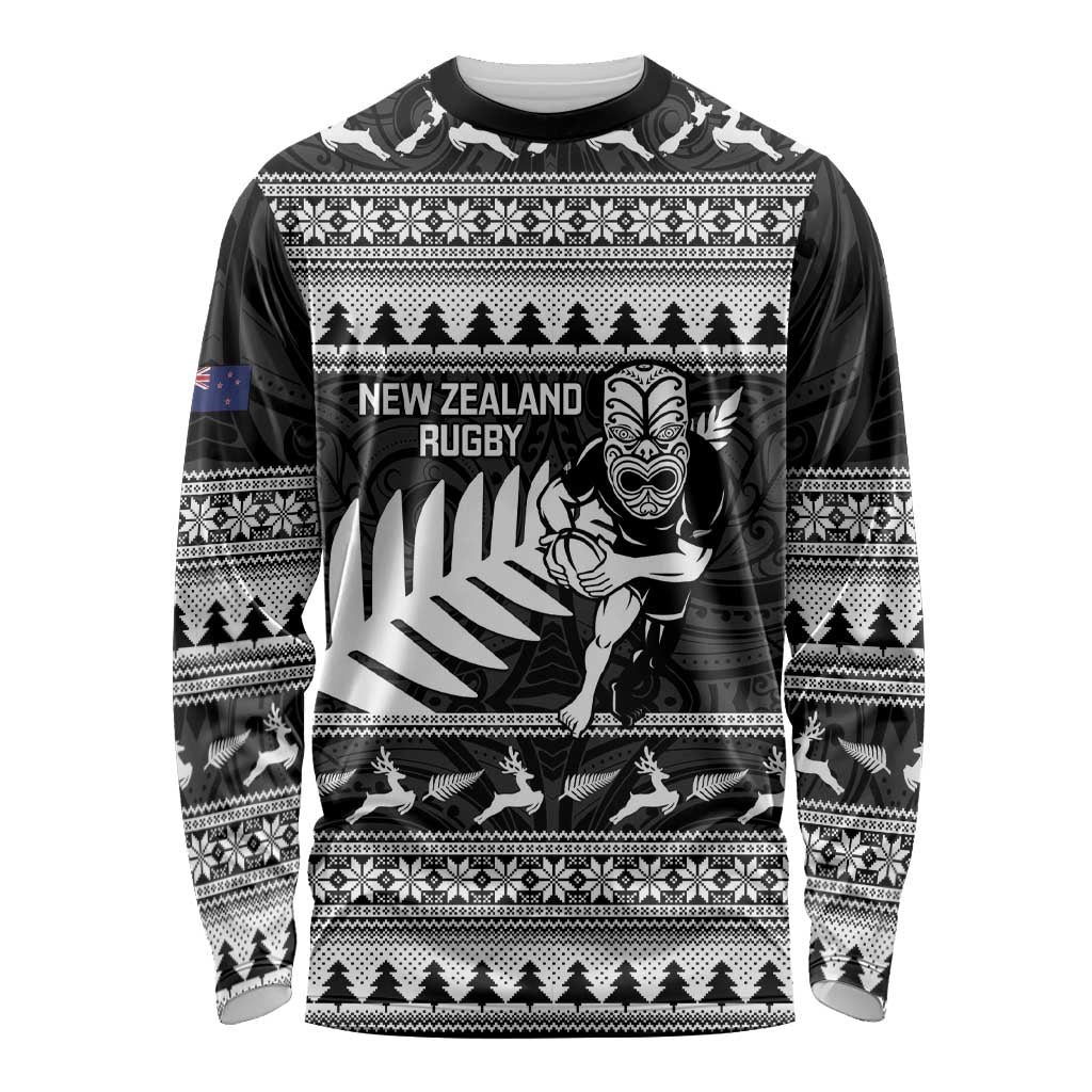 New Zealand Christmas Rugby Personalised Long Sleeve Shirt Meri Kirihimete All Black Maori - Polynesian Pride