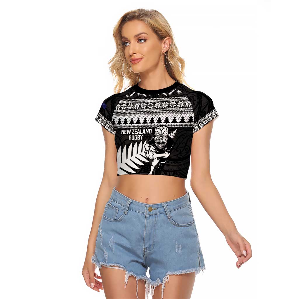 New Zealand Christmas Rugby Personalised Raglan Cropped T Shirt Meri Kirihimete All Black Maori - Polynesian Pride
