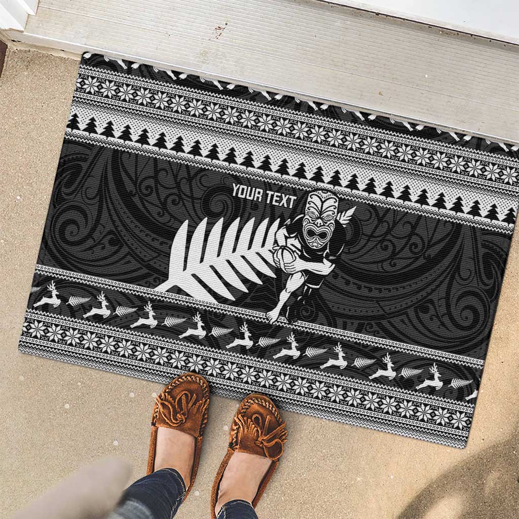 New Zealand Christmas Rugby Personalised Rubber Doormat Meri Kirihimete All Black Maori - Polynesian Pride