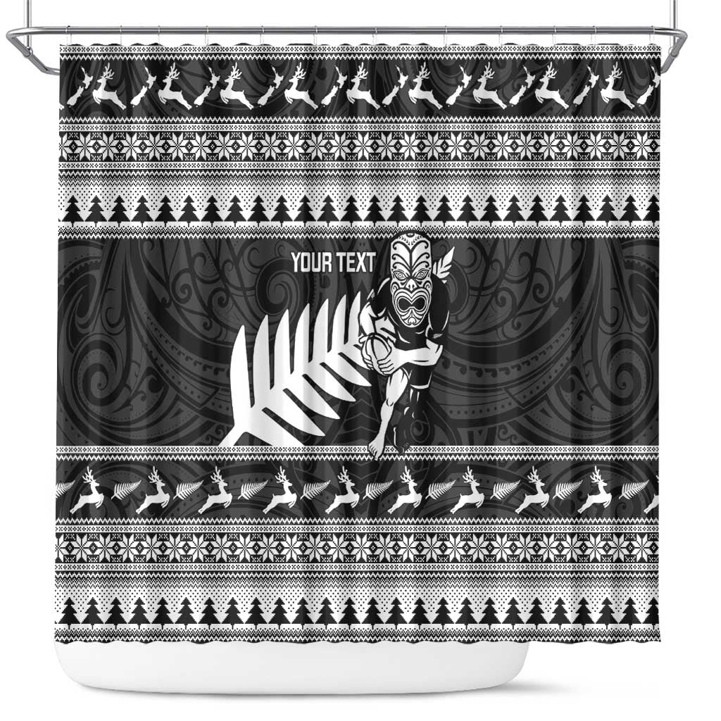 New Zealand Christmas Rugby Personalised Shower Curtain Meri Kirihimete All Black Maori - Polynesian Pride